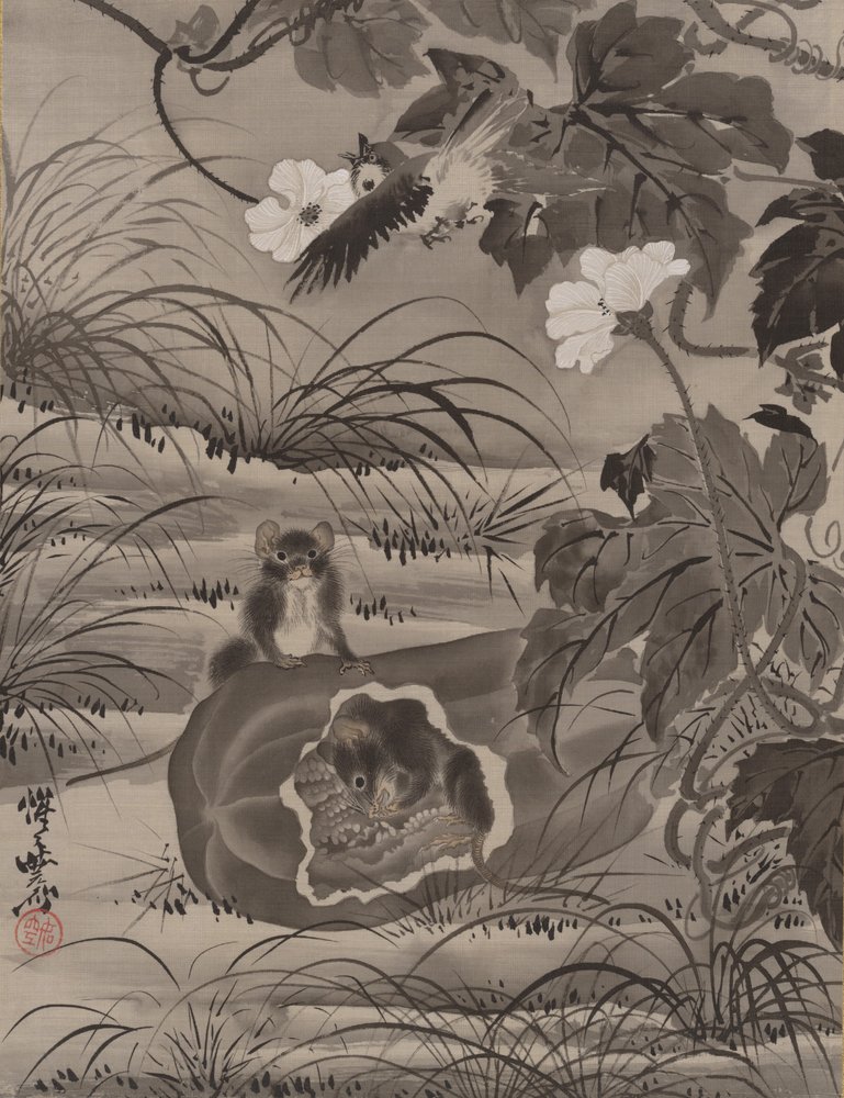 Muizen in een Meloen, ca. 1887 door Kawanabe Kyosai