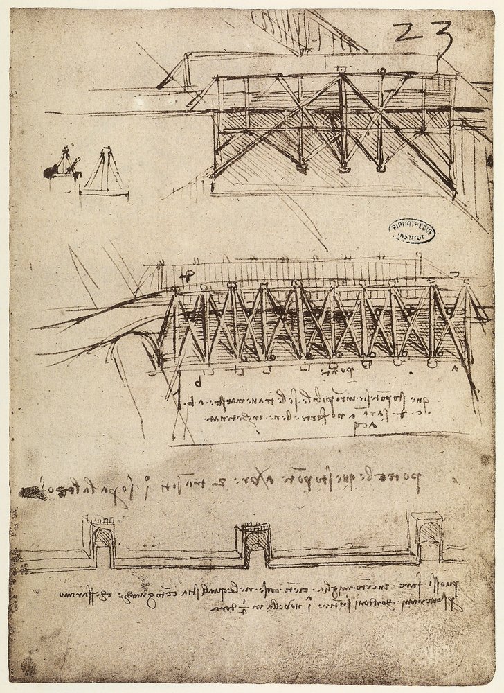 Codex B 2172 f.23r, ontwerpen voor bruggen | Kunstafdruk