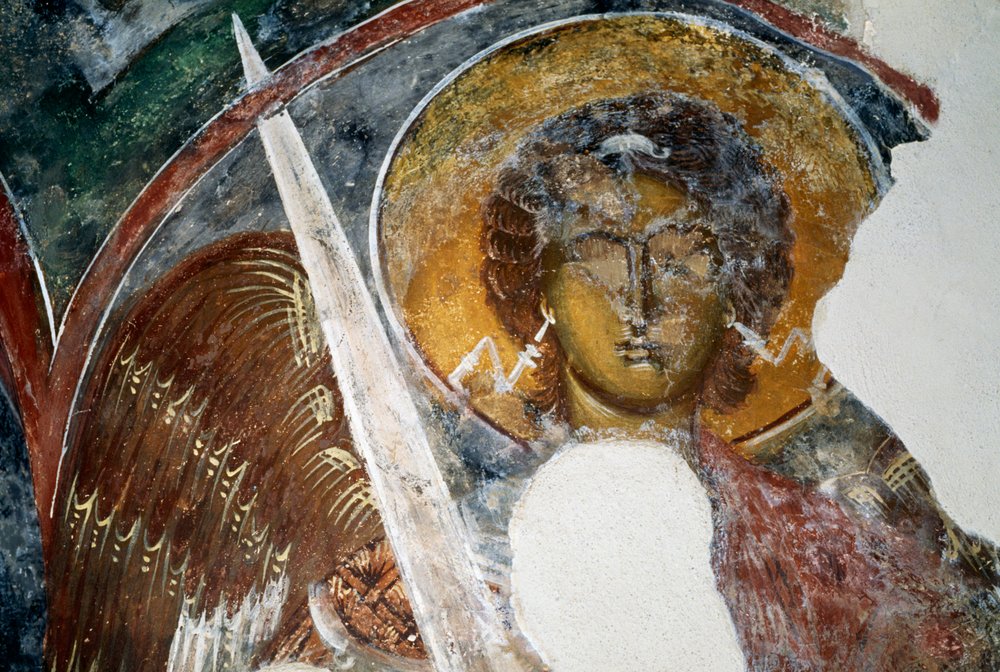 Aartsengel Michaël, fresco in een Byzantijnse kerk in de ruïnes van het ...