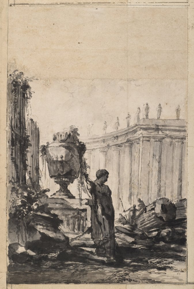 Architecturale fantasie met vaas, herm en zuilengalerij door Louis-Joseph Le Lorrain