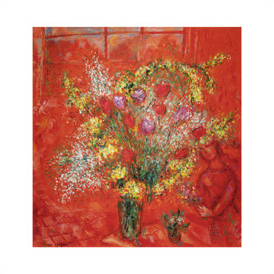 Bloemen op een rode achtergrond door Marc Chagall