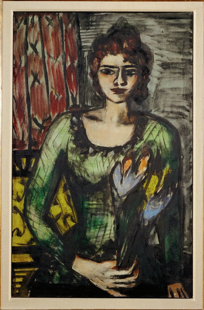 Portret van Quappi (Beckmanns tweede vrouw Mathilde) met groene trui door Max Beckmann