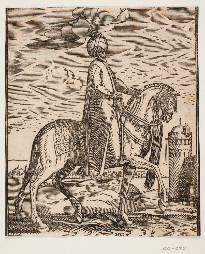 Ruiter met tulband, met knuppel aan de rechterkant van het paard ...