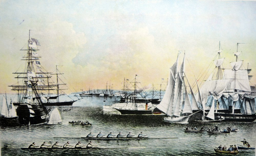 Illustratie van Currier & Ives 19e Eeuw. Zomerse taferelen van schepen in de haven van New York door N. and Ives, J.M. Currier