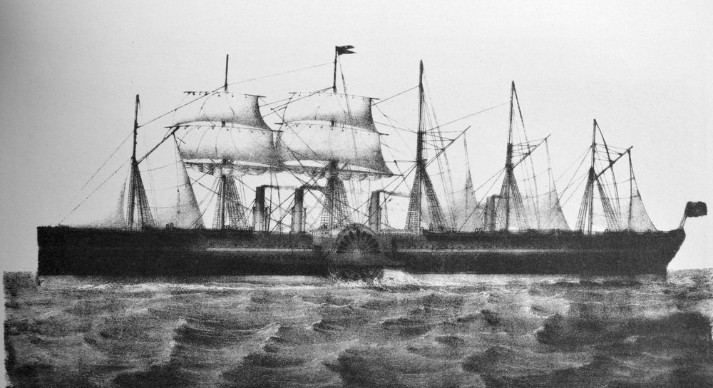 Illustratie van Currier & Ives, 19e eeuw. Het reusachtige ijzeren stoomschip Great Eastern. door N. and Ives, J.M. Currier