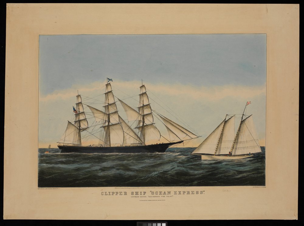 Klipperschip Ocean Express op weg "de loods ontschepen" door N. and Ives J.M. (1824-95) Currier