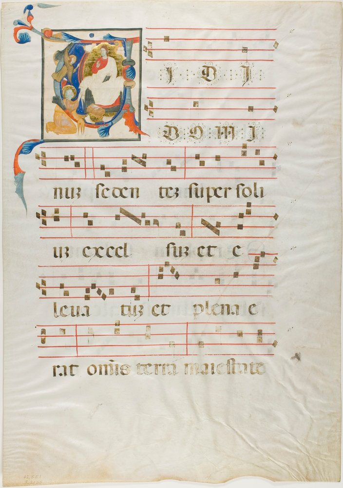 Heilige knielend voor God op de troon in een gehistorieerde initiaal "V" uit een antifonarium door Neri da Rimini