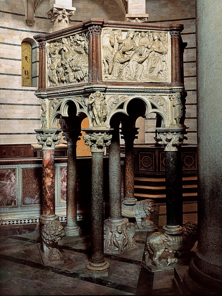 Marmeren preekstoel van een kerk, in het Baptisterium van Pisa, 1260 (laagreliëf) door Nicola Pisano