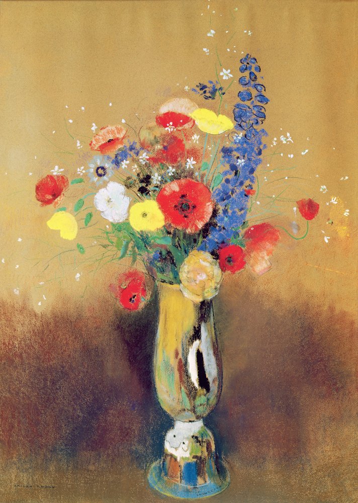 Wilde bloemen in een vaas met lange hals, ca. 1912 door Odilon Redon