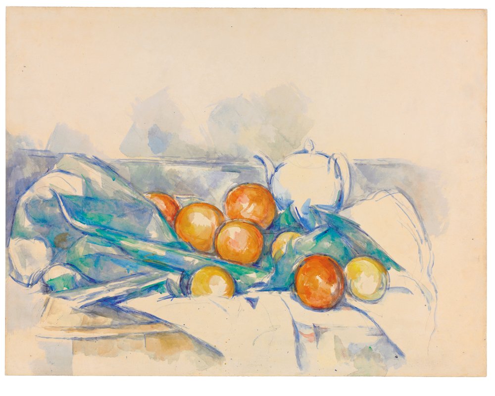 Théière et oranges (La Nappe), ca. 1895-1900 (gouache, aquarel  potlood op papier) door Paul Cezanne