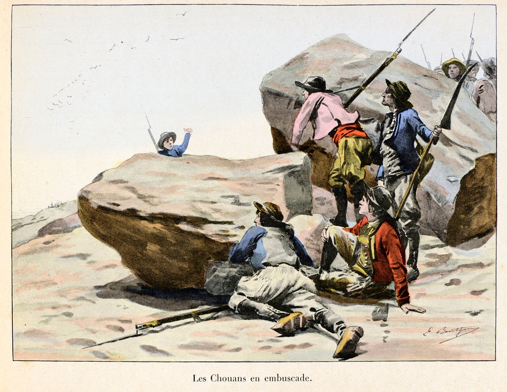 Chouannerie: Les Chouans in hinderlaag, eind 18e eeuw - Illustratie door Emile Boutigny (1853-1929) in 