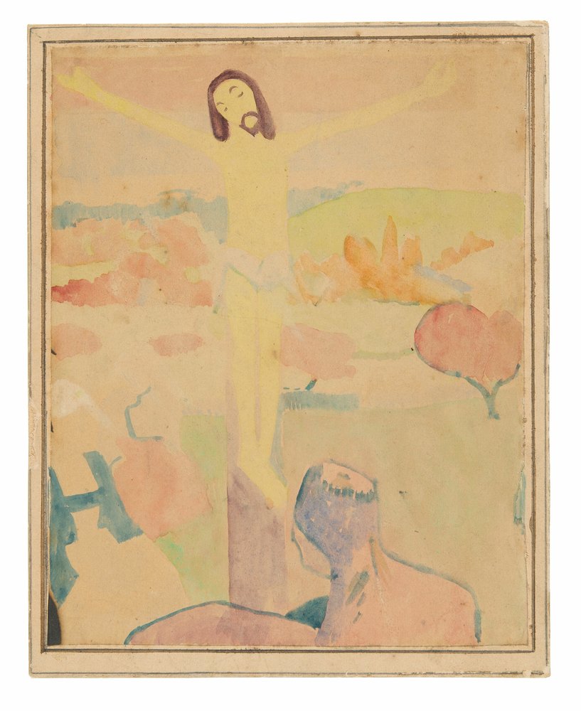 De gele Christus (recto), vrouwelijke bader wadend door een beek door Paul Gauguin