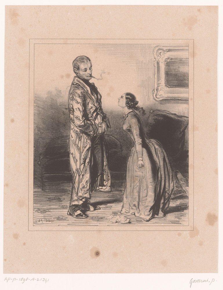 Vrouw schreeuwt tegen haar man, uit de serie Impressies van het huwelijk door Paul Gavarni