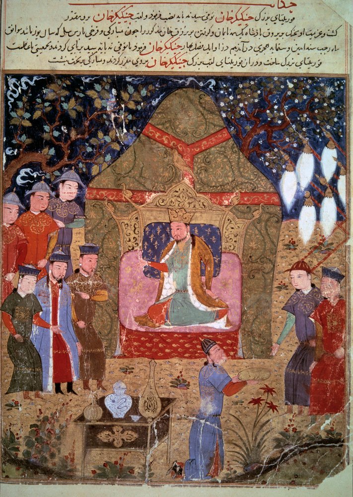 Het hof van de Mongoolse keizer Dzjengis Khan (1162-1227), dat het centrum van de Perzische miniatuur vertegenwoordigt, uit ‘Jami al-Tawarikh’ (Jami al-Tawarikh), of Universele geschiedenis, van de historicus Rashid al-Din (al-Din) (1247-1318), circa door Persian School