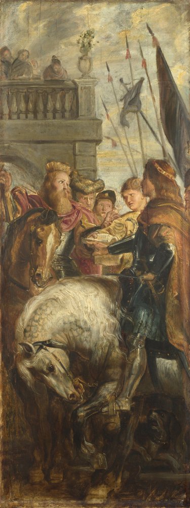 Koningen Clothar en Dagobert discussiëren met een heraut van keizer Mauritius. Schets voor hoogaltaarstuk, Sint-Baafs, Gent, 1611 door Peter Paul Rubens
