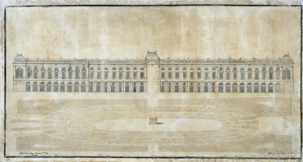 Architectuur: "Project van Place Royale voor Marseille, interieur elevatie" 1686 door Pierre Puget
