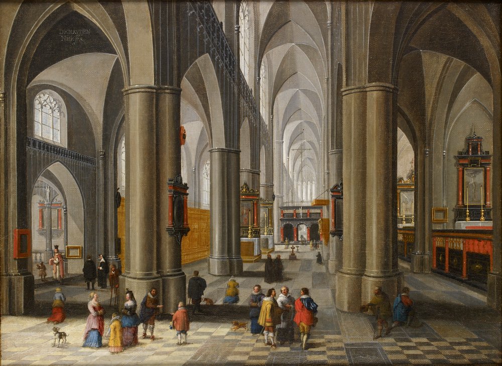 Interieur van een kathedraal met figuren, 1640-1660 door Pieter Neefs
