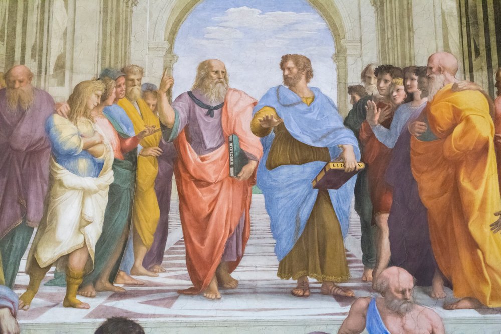 Aristoteles en Plato: detail van de School van Athene in de Stanza della Segnatura door Raphael (1483-1520)