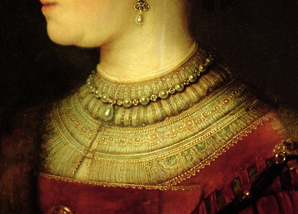Portret van Saskia van Uylenburgh (1612-42) in rijke kleding (detail) door Rembrandt van Rijn