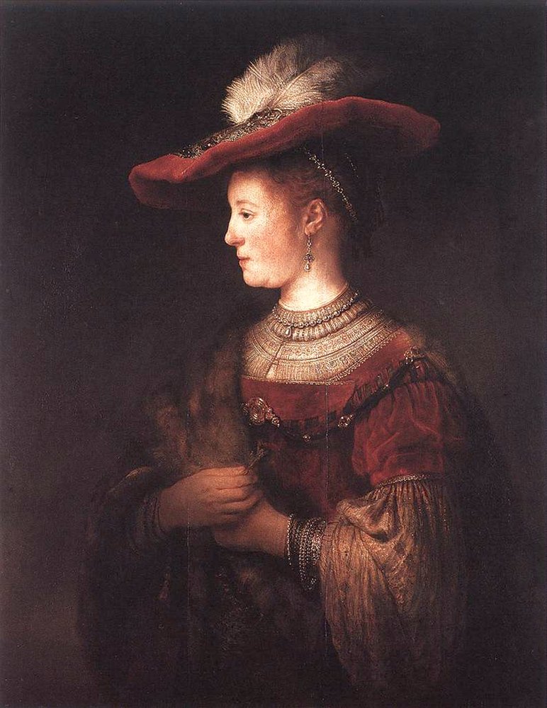 Saskia in weelderige kleding door Rembrandt van Rijn