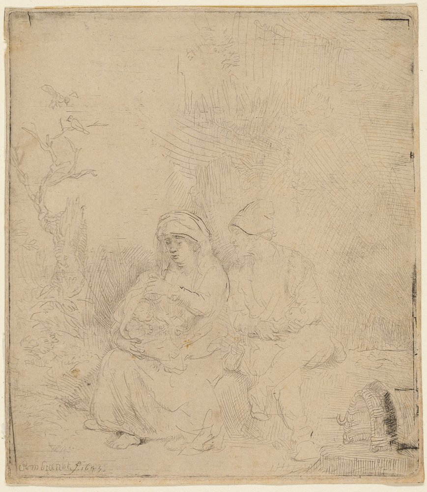 De rust tijdens de vlucht naar Egypte: licht geëtst door Rembrandt Harmensz. van Rijn