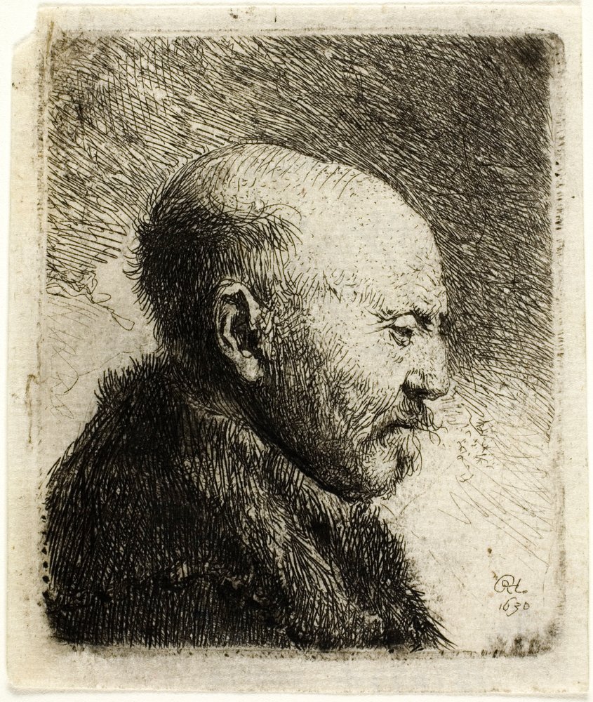 Man met kaal hoofd in profiel rechts: De vader van de kunstenaar () door Rembrandt van Rijn