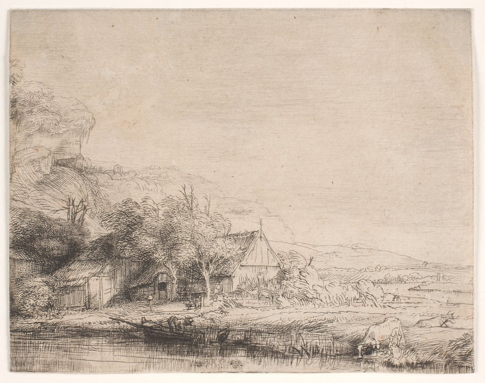 Landschap met een drinkende koe door Rembrandt van Rijn