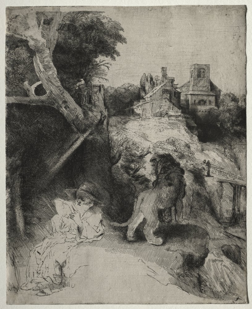 St. Hiëronymus Lezend in een Italiaans Landschap door Rembrandt van Rijn