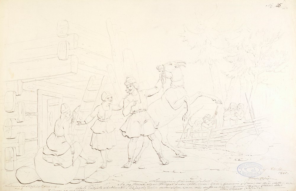 Lemminkäinen en Hiiden Hirvi ; Originele tekening voor de serie "Kalewala, Finsk National-dikt, framställd i teckningar af R.W.Ekman". door Robert Wilhelm Ekman