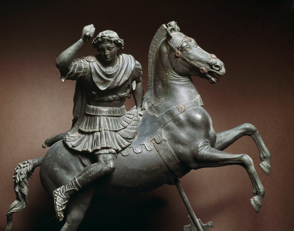 Alexander de Grote (356-323 v.Chr.) te paard. Het paard zou Bucephale