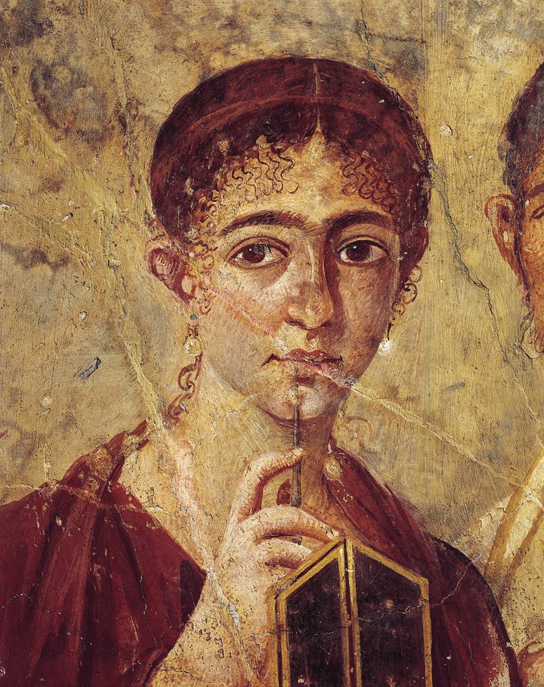 Portret van de bakker Terentius Neo en zijn vrouw in formele kleding, detail van de vrouw met haar stift en geopende diptiek, uit Italië, Campanië, Pompeii, 55-79 n.Chr., schildering op pleisterwerk door Roman Roman