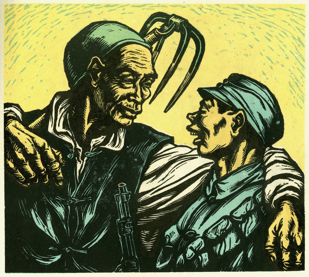 Twee generaties Li Hwa, oude boer en jonge soldaat. Houtgravure, in "Houtsneden van oorlogstijd China 1937-1945", Shanghai door School Chinese