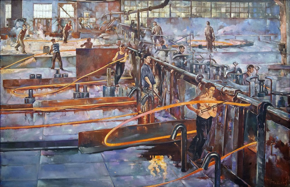 Het vijfjarenplan - De warmwalserij van de fabriek „De Rode Spijkermaker” in Leningrad, afmetingen: 181x270 door Semyon Andreevich Pavlov