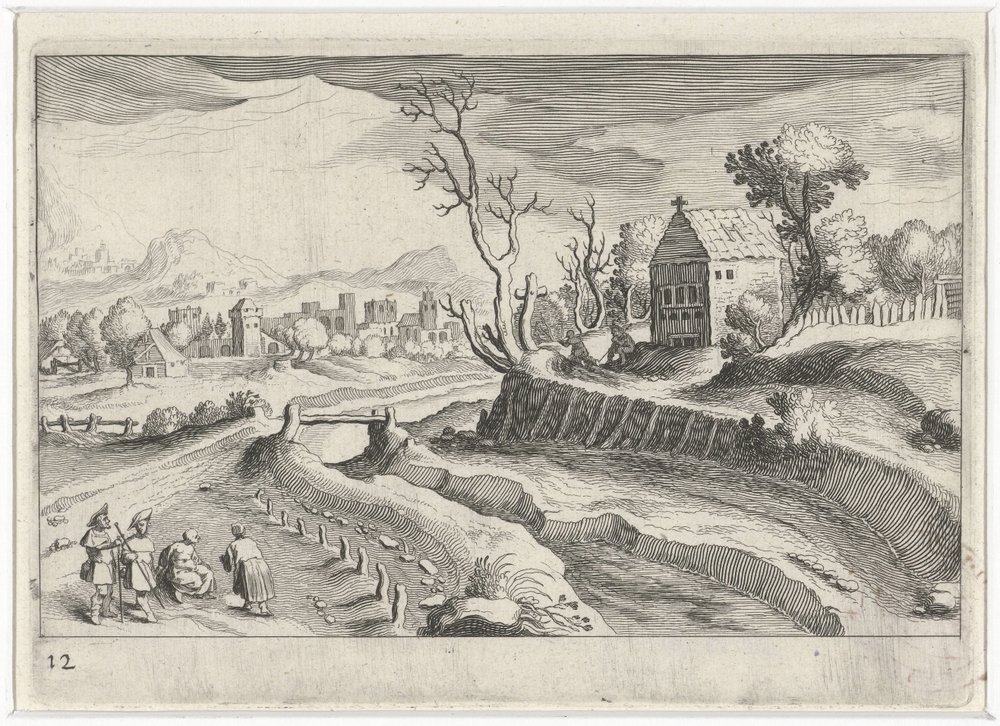 Heuvellandschap met een kapel door Simon Frisius