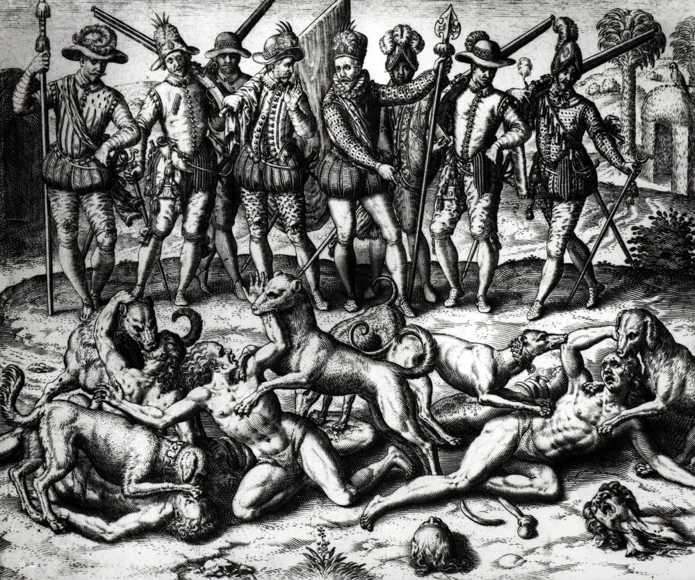 De honden van Vasco Núñez de Balboa (1475-1571) vallen de indianen aan door Theodore de Bry