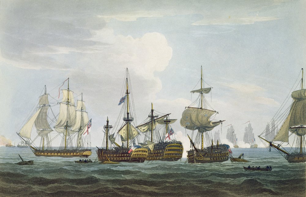 Situatie van HMS Temeraire bij De Slag om Trafalgar op 21 oktober 1805, gegraveerd door T. Sutherland voor 