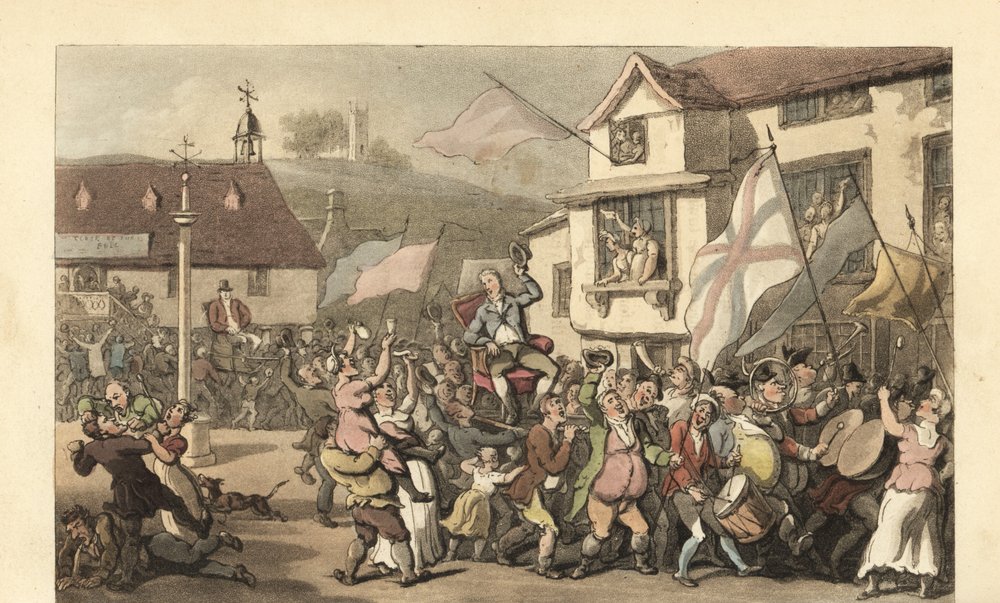 Engelse heer gedragen in een draagstoel voor een verkiezing door Thomas Rowlandson