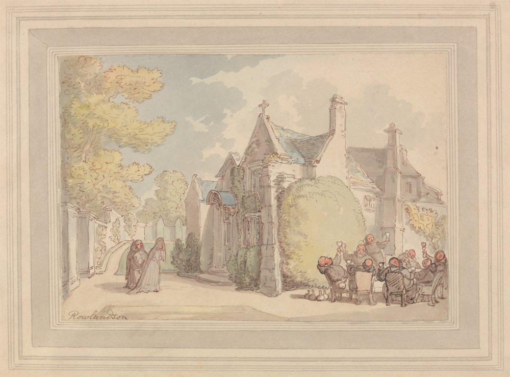 Monniken die buiten een klooster feestvieren door Thomas Rowlandson