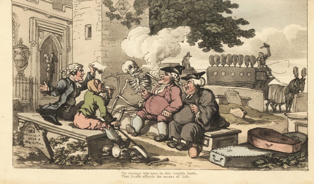 Het skelet van de Dood rookt een pijp op een grafsteen met mannen die hun brood verdienen met de dood door Thomas Rowlandson