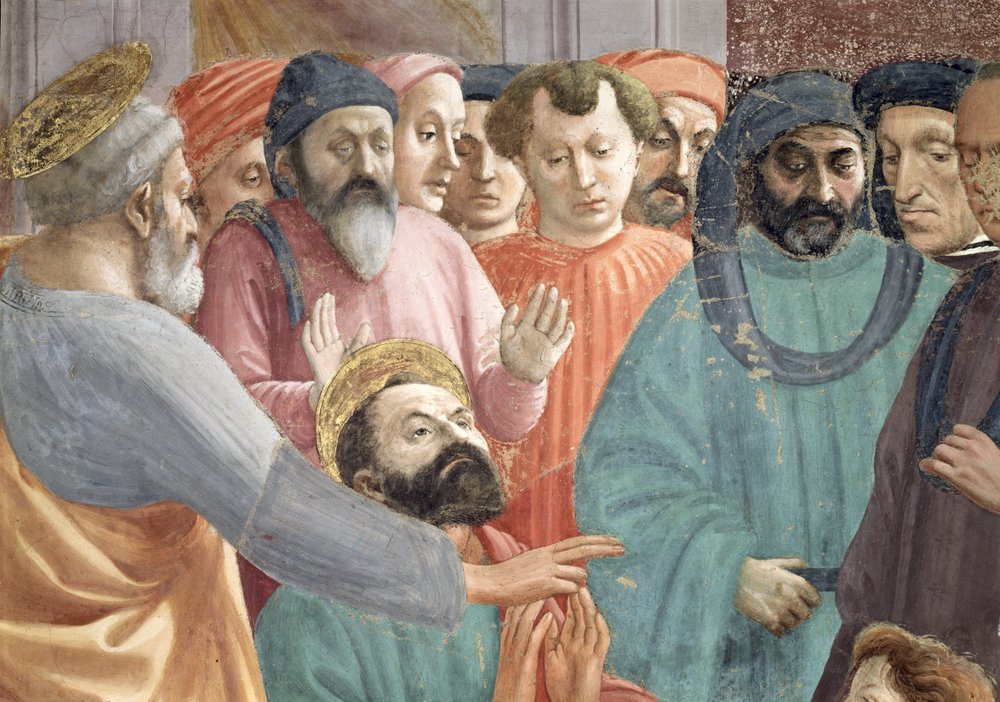 De opwekking van de zoon van Theophilus, koning van Antiochië, detail van de heiligen Petrus en Paulus en gezichten in de menigte, ca. 1427, fresco door Tommaso Masaccio