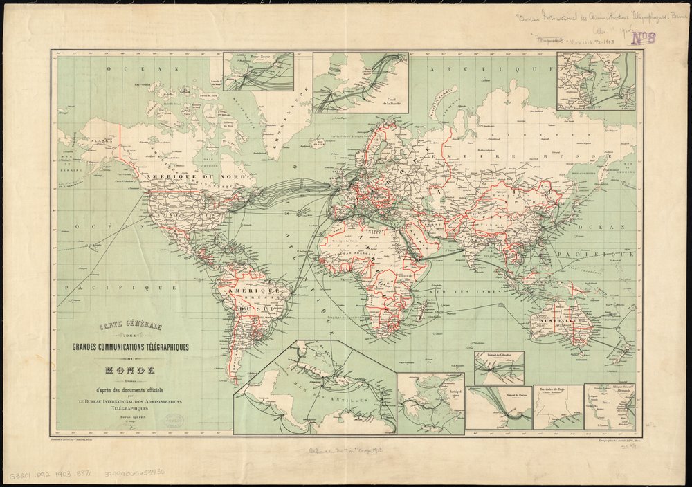 Wereldkaart van telegraaflijnen, uitgegeven door het Internationaal Telegraafbureau, 1901. Schaal: [ca. 1:70.000.000] door Unbekannt Unbekannt