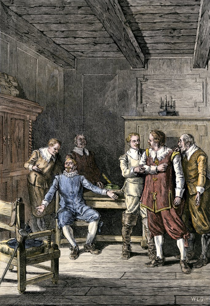 Verenigde Staten, Massachusetts: Geschil tussen John Winthrop (1588-1649) en Thomas Dudley (1576-1653) in de Massachusetts Bay Colony. Kleurgravure uit de 19e eeuw door Unbekannter Künstler