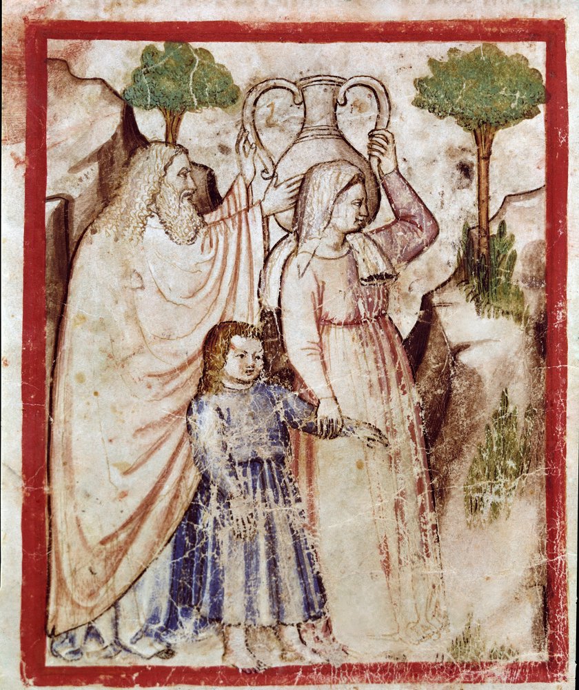 Lot gaat met zijn dochters naar de berg om te ontsnappen aan de vernietiging van Sodom. De dochters zullen hun vader bedwelmen. Miniatuur uit codex 212 (of padovano codice of Bijbel van Padua). 1390-1400. Rovigo, Accademia dei Concordi door Unknown artist