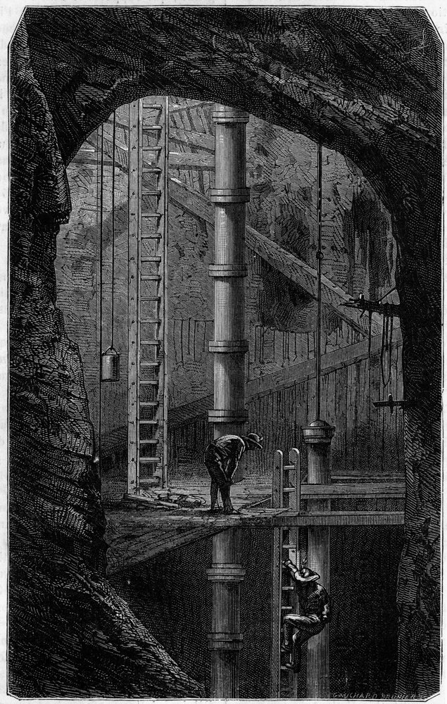 Mijnwerkers in een tinmijn in Cornwall, Engeland. Gravure in het tijdschrift 