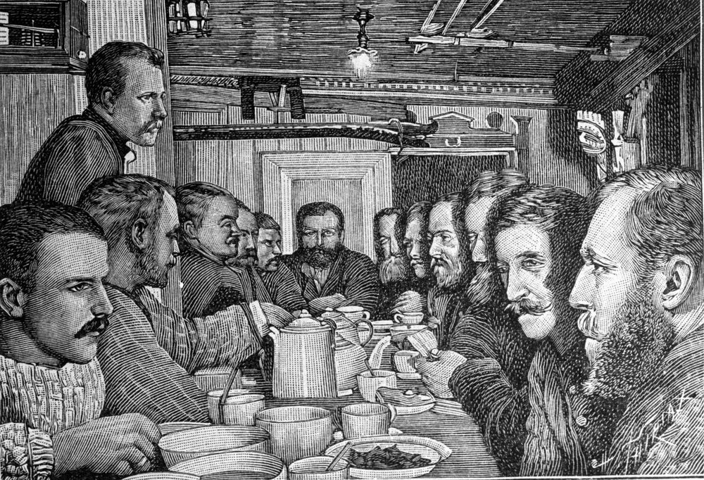 Portret van de Noorse ontdekkingsreiziger Fridtjof Nansen (1861-1930), wetenschapper en diplomaat, die zijn plan aankondigt om de Noordpool te benaderen aan de bemanning van het schip Fram rond 1897. Gravure door Unknown artist