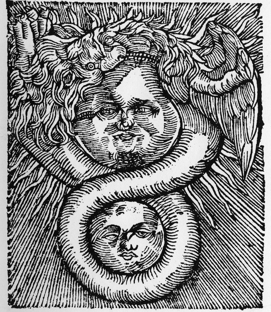 De Zon en de Maan: verenigd door de Draak - Gravure uit het werk van ...