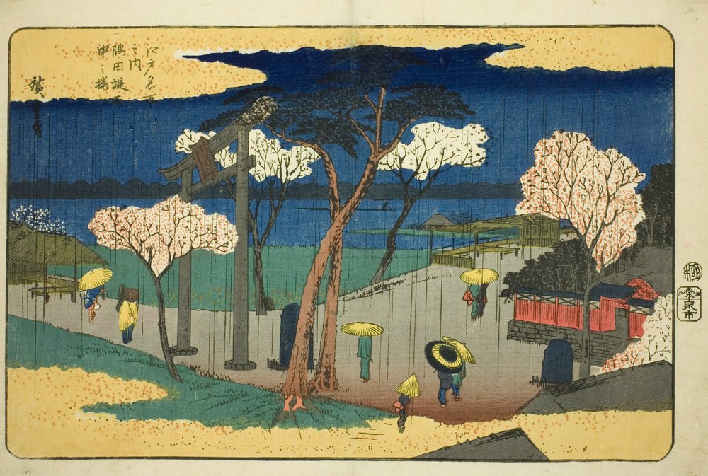 Kersenbloesems in de regen bij de Sumida-dijk (Sumida zutsumi uchu no sakura), uit de serie "Beroemde plaatsen in Edo (Edo meisho no uchi)" door Utagawa Hiroshige