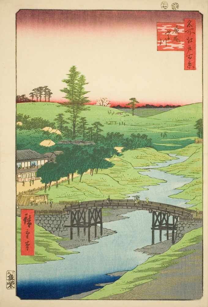 Furukawa River, Hiroo (Hiroo Furukawa), nr.22 uit de serie "Honderd beroemde gezichten op Edo (Meisho Edo hyakkei)". door Utagawa Hiroshige