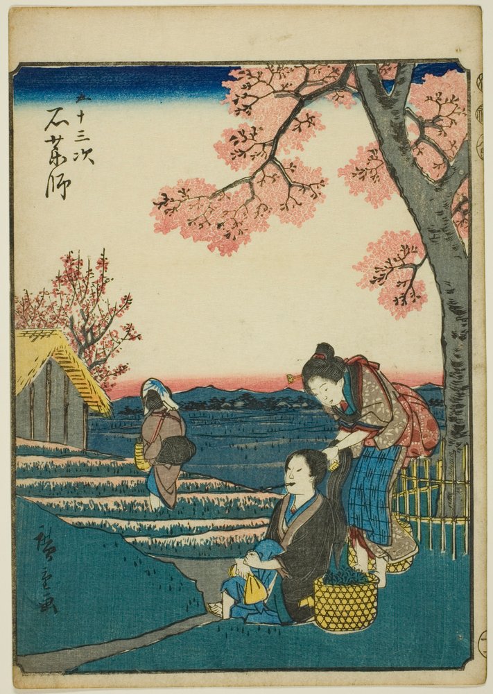 Ishiyakushi, uit de serie "Drieënvijftig Stations [van de Tokaido] (Gojusan tsugi)," ook bekend als de Figuren Tokaido (Jinbutsu Tokaido) door Utagawa Hiroshige