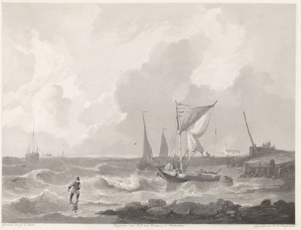 Vissersboten bij een havenhoofd door Willem Hendrik Hoogkamer